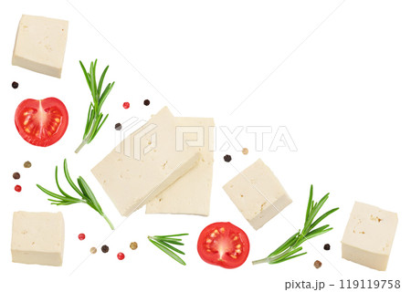 tofu cheese isolated on white background with full depth of field, Top view with copy space for your text. Flat lay 119119758