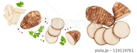 fresh taro root isolated on white background with copy space for your text. Top view. Flat lay. Set or collection 119119761