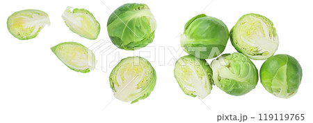 Brussels sprouts half isolated on white background with full depth of field. Top view with copy spase for your text. . Flat lay 119119765