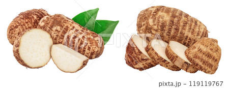 fresh taro root with slices and leaf isolated on white background 119119767
