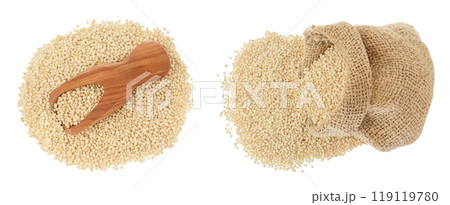 white quinoa seeds in wooden scoop isolated on white background with full depth of field. Top view. Flat lay. 119119780