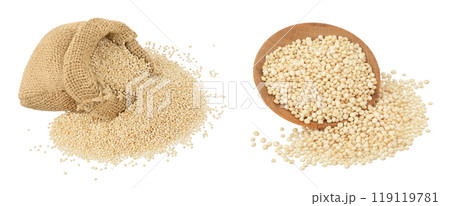 white quinoa seeds in bag and wooden bowl isolated on white background with full depth of field. 119119781