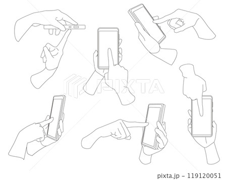 スマホをクリックする手のモノクロ線画イラスト素材セット スマホをクリックする手のモノクロ線画イラスト素材セット 119120051