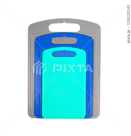Chopping cutting board set on white background. Cutting boards plastic isolated set of three 119120141
