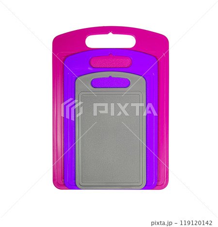 Chopping cutting board set on white background. Cutting boards plastic isolated set of three 119120142