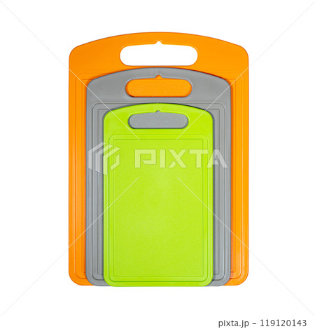 Chopping cutting board set on white background. Cutting boards plastic isolated set of three Chopping cutting board set on white background. Cutting boards plastic isolated set of three 119120143