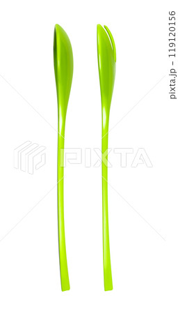 Green fork and spoon isolated on white background. Green colour objects. Eating. Salad set fork and spoon. Kitchenwear. Tablewear. Simplicity. Product design. Comfort. Kitchen utensil 119120156