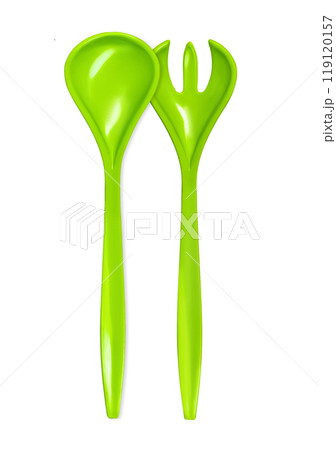 Green fork and spoon isolated on white background. Green colour objects. Eating. Salad set fork and spoon. Kitchenwear. Tablewear. Simplicity. Product design. Comfort. Kitchen utensil Green fork and spoon isolated on white background. Green colour objects. Eating. Salad set fork and spoon. Kitchenwear. Tablewear. Simplicity. Product design. Comfort. Kitchen utensil 119120157