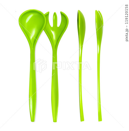 Green fork and spoon isolated on white background. Green colour objects. Eating. Salad set fork and spoon. Kitchenwear. Tablewear. Simplicity. Product design. Comfort. Kitchen utensil Green fork and spoon isolated on white background. Green colour objects. Eating. Salad set fork and spoon. Kitchenwear. Tablewear. Simplicity. Product design. Comfort. Kitchen utensil 119120158