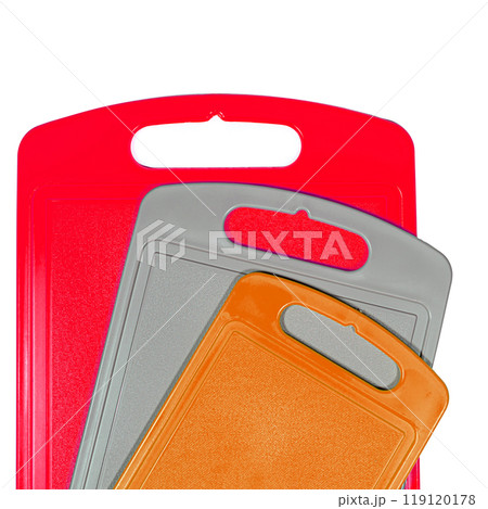 Chopping cutting board set on white background. Cutting boards plastic isolated set of three 119120178