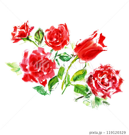 Arrangement from five red roses with green leaves in juicy watercolor. It is hand-drawn in juicy strokes of bright red, scarlet color. The roses petals are open, painted on white background. Elegant Arrangement from five red roses with green leaves in juicy watercolor. It is hand-drawn in juicy strokes of bright red, scarlet color. The roses petals are open, painted on white background. Elegant 119120329