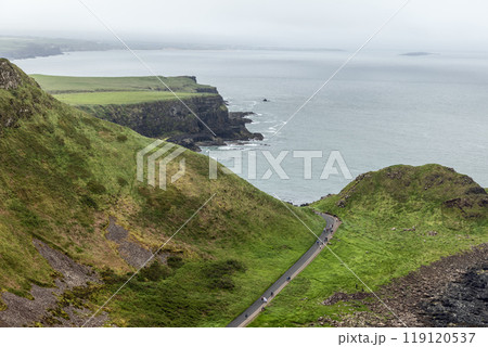 Tourists on coastal road to Giant Causeway, surrounded by lush hills and cliffs, ocean in view  119120537