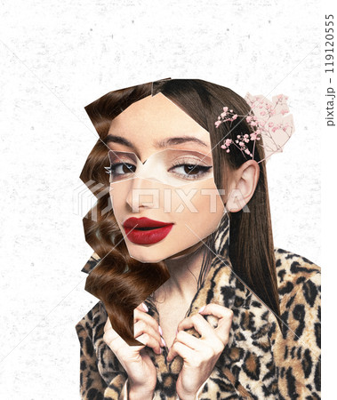 Woman in leopard print coat with glamorous curls, with red lips and geometric facial features create bold, stylish look. Contemporary art collage. Woman in leopard print coat with glamorous curls, with red lips and geometric facial features create bold, stylish look. Contemporary art collage. 119120555