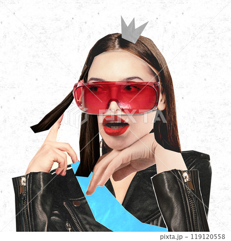 Abstract female portrait in futuristic red-tinted glasses and black leather jacket. Avant-garde fashion vibe. Contemporary art collage. Abstract female portrait in futuristic red-tinted glasses and black leather jacket. Avant-garde fashion vibe. Contemporary art collage. 119120558