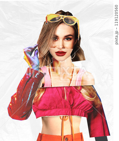 Woman in bright pink with yellow sunglasses, pearl necklace, and red lips. Geometric, cut-out face. Contemporary art collage. 119120560