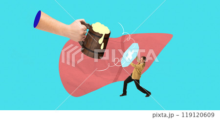 Man trying to shield liver from alcohol, emphasizing strain on liver due to alcohol consumption. Liver health and risks of excessive drinking. Contemporary art collage. 119120609