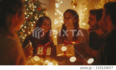 Friends exchanging Christmas presents in front of a decorated tree with warm lights. Festive indoor celebration full of joy and laughter. 119120657