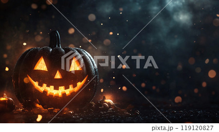 Black Halloween background with pumpkin and tree. Abstract grunge wallpaper for holiday party 119120827