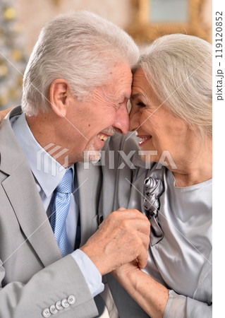 couple old and mature seniors enjoying and having fun together celebrating the new year  119120852