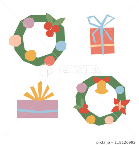 Christmas wreaths and gift boxes vector set. Cute simple festive winter illustrations isolated on white background in flat geometric collage style. Seasonal Happy New Year design, retro color palette 119120992