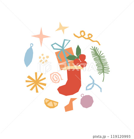 Christmas stocking with gifts vector illustration. Festive winter holidays round composition with red stocking, ribbons, stars in modern flat style, retro pastel color palette for cards, banners Christmas stocking with gifts vector illustration. Festive winter holidays round composition with red stocking, ribbons, stars in modern flat style, retro pastel color palette for cards, banners 119120993