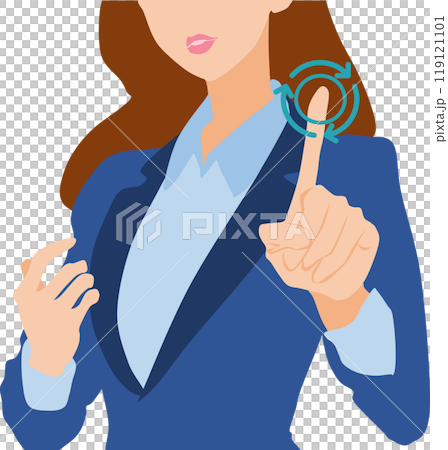 アイコンをタップするビジネスウーマンのイラスト 119121101