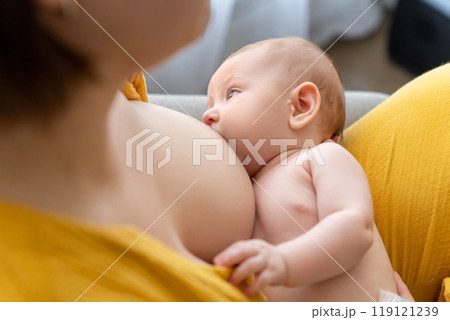 Unrecognizable mother carefully breastfeeding her baby while sitting Unrecognizable mother carefully breastfeeding her baby while sitting 119121239