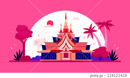 Thai temple at sunset - modern colored vector illustration 119121429