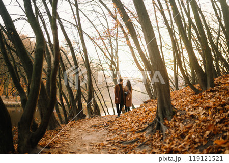 Young couple in love walking in the park on a autumn day. Enjoying time together. Young couple in love walking in the park on a autumn day. Enjoying time together. 119121521