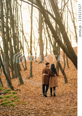 Young couple in love walking in the park on a autumn day. Enjoying time together. 119121527