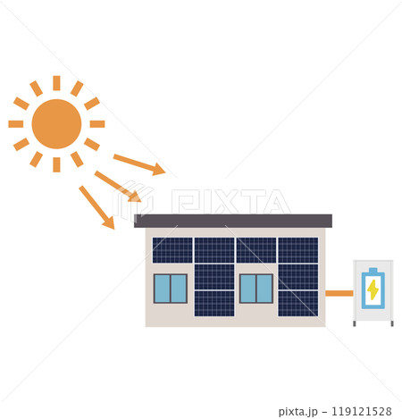 家の壁に設置したソーラーパネルを使った太陽光発電システムのイラスト 家の壁に設置したソーラーパネルを使った太陽光発電システムのイラスト 119121528