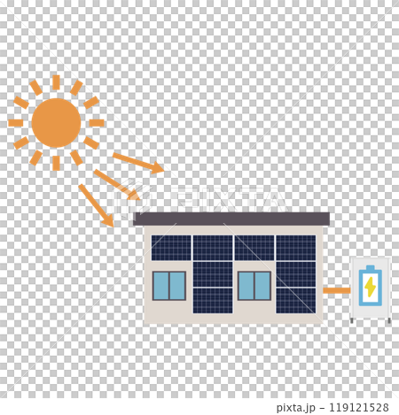 家の壁に設置したソーラーパネルを使った太陽光発電システムのイラスト 家の壁に設置したソーラーパネルを使った太陽光発電システムのイラスト 119121528