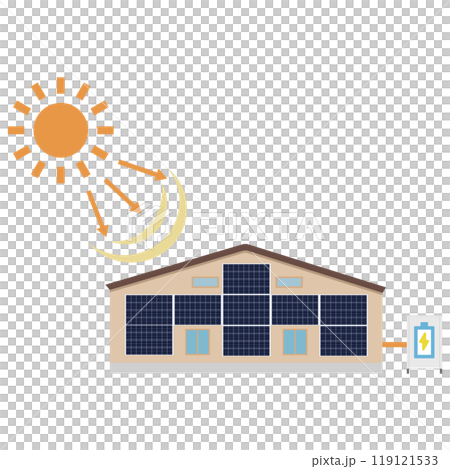 Illustration of a solar power generation system using solar panels installed on the wall of a house Illustration of a solar power generation system using solar panels installed on the wall of a house 119121533