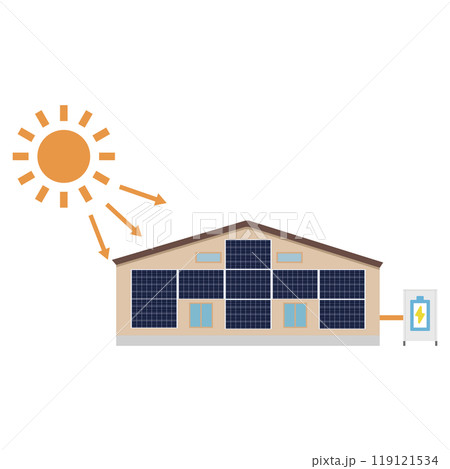 家の壁に設置したソーラーパネルを使った太陽光発電システムのイラスト 家の壁に設置したソーラーパネルを使った太陽光発電システムのイラスト 119121534