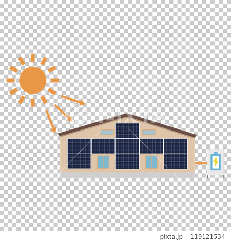 家の壁に設置したソーラーパネルを使った太陽光発電システムのイラスト 家の壁に設置したソーラーパネルを使った太陽光発電システムのイラスト 119121534
