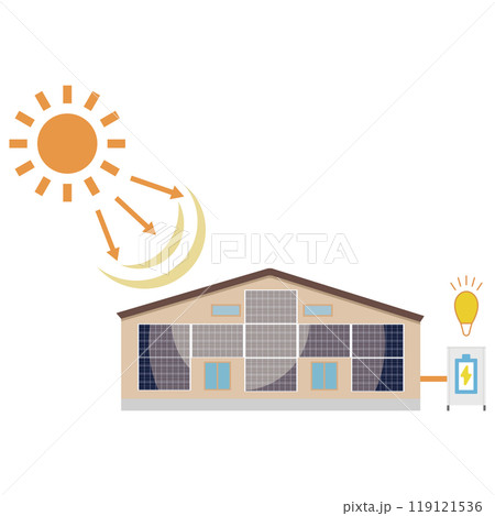 家の壁に設置したソーラーパネルを使った太陽光発電システムのイラスト 119121536