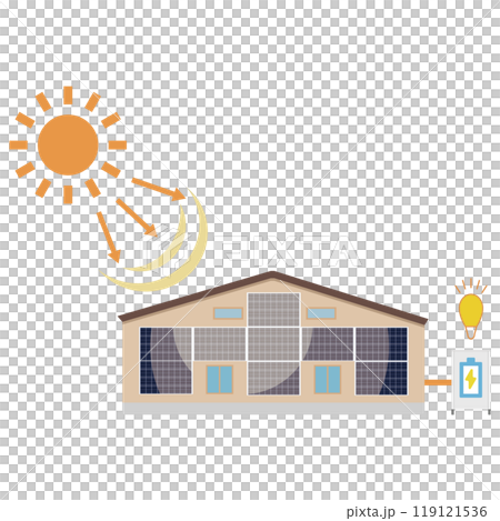 Illustration of a solar power generation system using solar panels installed on the wall of a house 119121536