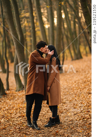 Young couple in love walking in the park on a autumn day. Enjoying time together. Young couple in love walking in the park on a autumn day. Enjoying time together. 119121550
