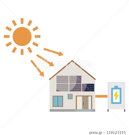 家の壁に設置したソーラーパネルを使った太陽光発電システムのイラスト 119121555