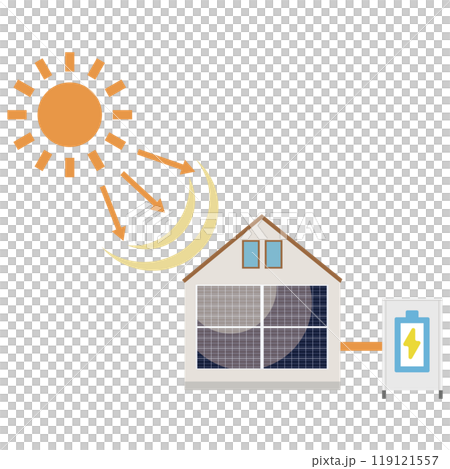 Illustration of a solar power generation system using solar panels installed on the wall of a house Illustration of a solar power generation system using solar panels installed on the wall of a house 119121557
