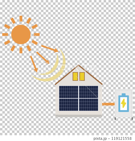 家の壁に設置したソーラーパネルを使った太陽光発電システムのイラスト 家の壁に設置したソーラーパネルを使った太陽光発電システムのイラスト 119121558