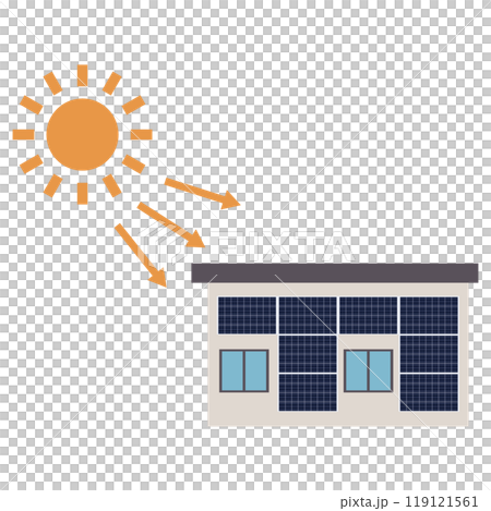 家の壁に設置したソーラーパネルを使った太陽光発電システムのイラスト 家の壁に設置したソーラーパネルを使った太陽光発電システムのイラスト 119121561