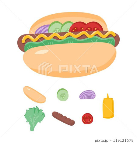 ingredients for a hot dog fast food recipe 119121579