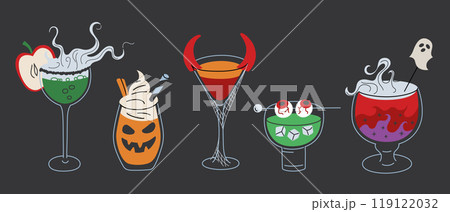 Halloween cocktails collection, vector illustrations in flat cartoon style. Spooky drinks with ghost, eyeball. Pumpkin patch, martini, festive apple punch for party decor and Halloween celebrations Halloween cocktails collection, vector illustrations in flat cartoon style. Spooky drinks with ghost, eyeball. Pumpkin patch, martini, festive apple punch for party decor and Halloween celebrations 119122032