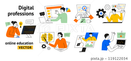 Vector illustrations of digital professions, online education set in flat cartoon style. Characters learning technology, training for programming, AI, web design, courses on data science, coding Vector illustrations of digital professions, online education set in flat cartoon style. Characters learning technology, training for programming, AI, web design, courses on data science, coding 119122034