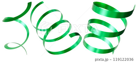 Festive green ribbons, swirling elegantly, isolated on white background. Perfect for St. Patrick's Day celebrations, joy and festivity of the holiday, adding a playful and decorative touch. 3D render. 119122036