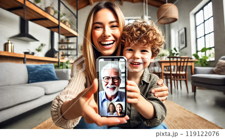 Both images depict mothers and their three-year-old sons from diverse ethnic backgrounds, seen from behind during a video call with grandparents. Their joyful expressions are highlighted by the 119122076