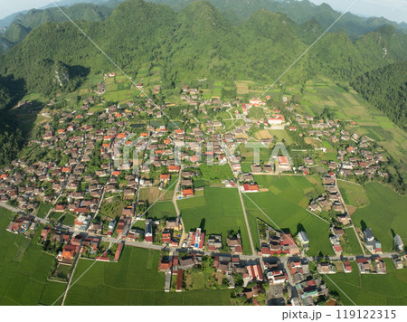 Amazing landscape nature view Rice fields and mountains in Bac Son valley, Lang Son,Northern Vietnam, Seen from above, High angle view 119122315