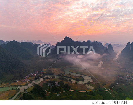 Beautiful sunrise landscape in Phong Nam valley, Amazing scenery landscape at Cao bang province, Northern Vietnam,Travel and nature landscape concept 119122343