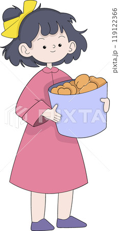 Cute Asian Girl Holding A Bucket Filled With Crispy Fried Chicken Pieces 119122366